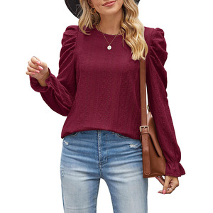Blusa Feminina de Outono Moda Decote Redondo Manga Longa Elegante Camisas Top em Cor Sólida para Mulheres - Product Image 4