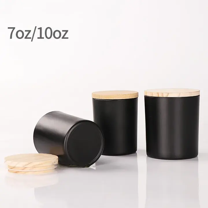 Custom Luxury Colored Empty 7oz 14oz jar glass for candle matte black glass candle jar with wooden lids for Candle Making