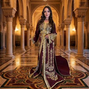 Elegant Burgundy Chiffon Floor-Length Dress Gold Embroidery High Neck Long Sleeve Ball <b>Gown</b> Built-in Bra Non-Stretch - Product Image 3