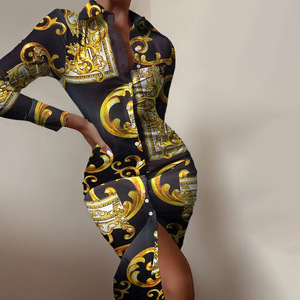 Vestido hasta el suelo de satén informal para mujer europea americana con estampado de cintura de manga larga-Nueva llegada para <span class=keywords><strong>EBay</strong></span> AliExpress Trade - Product Image 1
