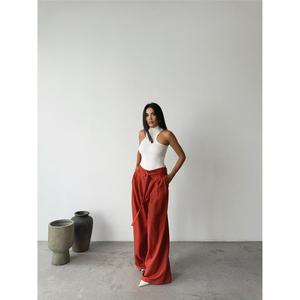 Pantalon palazzo à jambes larges, taille haute, en tissu crêpe, infroissable, couleur terre cuite, pour femmes - Product Image 3