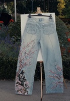 Jean en denim personnalisé brodé motif fleur de cerisier, coupe large, style Y2K vintage, streetwear pour homme