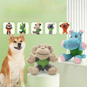 Jouet pour chien <span class=keywords><strong>2</strong></span>-en-1 durable et écologique, peluche en forme d'animal mignon, balle en caoutchouc couineuse, styles variés (hippopotame, koala, singe) pour chiot et chien - Product Image 6