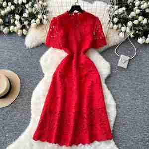 Vestido Midi Casual de Verano 2025 para Mujer, Tejido Ecológico, Transpirable, Antiarrugas, Estilo Túnica Romana, Corte A, con Encaje Hueco y Cintura Imperio - Product Image 1