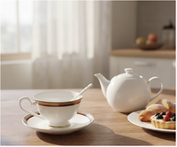 Ensemble de tasses et soucoupes en porcelaine fine de style américain, élégant, avec bordure dorée et rouge, durable, portable, vaisselle de table haut de gamme pour hôtel, OEM