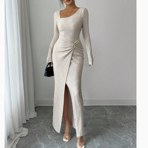 Abito Lungo Elasticizzato da <span class=keywords><strong>Donna</strong></span> Autunno Inverno Stile Vintage Texture Lavorata a Maglia Antistatico Casual Maxi Dress - Product Image 3