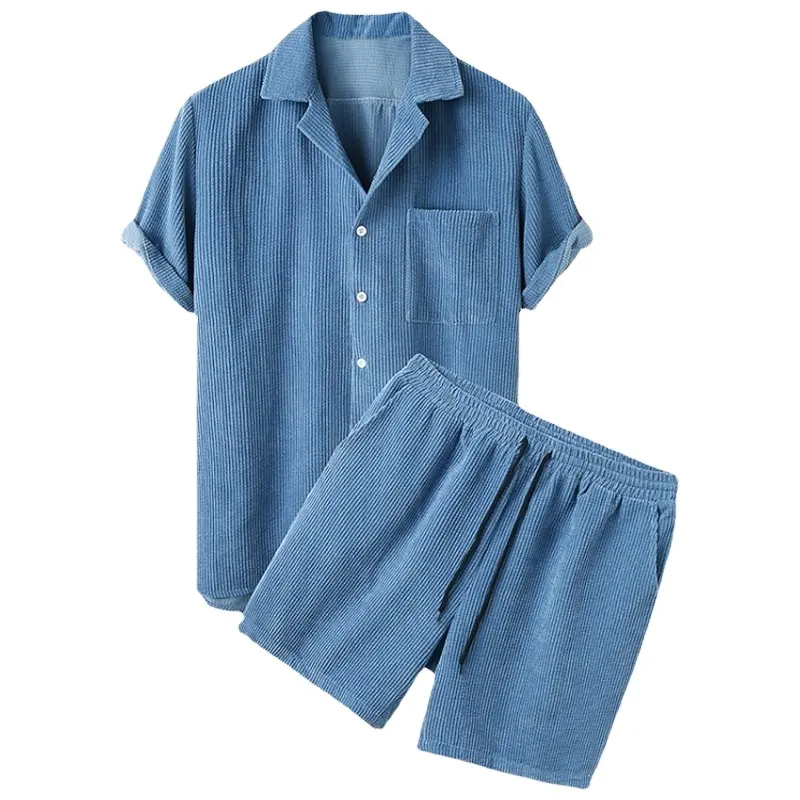 Wholesale Men Corduroy Sets Solid Color Short Sleeve Lapel Button Shirts Shorts Mens Casual Suits