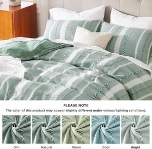 100% Cotton Waffle Weave 3 - Piece Duvet Cover Set <strong>Green</strong> and White <strong>Stripes</strong> Durable Textured Cozy for Bedroom Modern Chic <strong>Bedding</strong> - Product Image 3