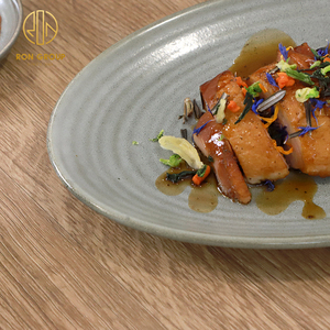 <span class=keywords><strong>Vajilla</strong></span> de porcelana a precio de fábrica, plato de servicio de comida ovalado gris de 10/12/14 pulgadas para Hotel, restaurante, cubiertos de cena comercial - Product Image 3