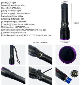 Linterna LED UV recargable de 365nm, luz negra personalizada para detección de orina de mascotas, resina, curado, minerales, seguimiento de sangre, carga USB - Product Image 4
