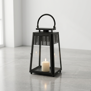 <b>Black</b> Metal Candle Holder <b>Lantern</b> With Glass Panels And Handle For Home Tabletop Decoration - Product Image 1