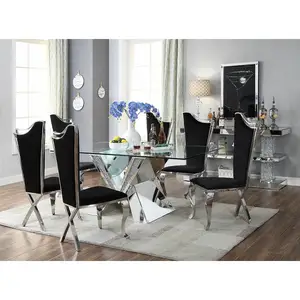 Hot Selling Unique X Shape Pedestal Base Temper Glass Top Dining Table Mirrored Crystal Dining Table For Home Hotel Furniture