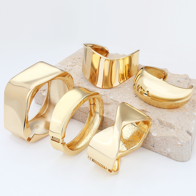 FY Fashion Trendy Geometric Jewelry Gift Party Bangles & Bracelets Metal Gold Plating Chunky Wide Statement Wrist Cuff Bangle