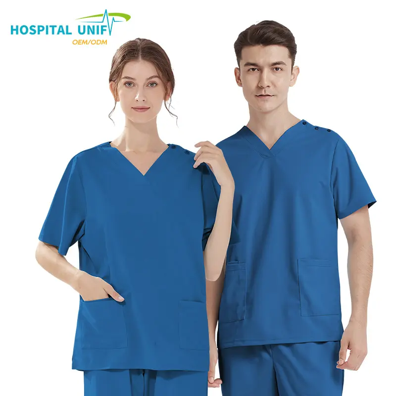 H&U 2024 Großhandel OEM Individuelle Knöpfe Stil Baumwolle Polyester Krankenhaus Krankenschwester-Ärztanzug Peeling Krankenschwester Medizinisches Peeling-Uniform-Set