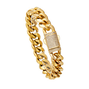 Stainless Steel Miami Cuban Link <b>Chain</b> With Inced <b>Out</b> Buckle - PVD 18K Gold Plated Durable Density Bracelet (8-14mm Width) - Product Image 1