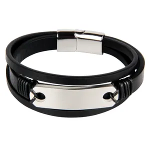 Cadeau créatif accessoires Punk style LOGO personnalisé lumière marque titane acier bracelet en cuir Pour Hommes bracelet en acier inoxydable