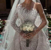 Robe de mariée de luxe col en V, coupe sirène, avec strass brillants et dentelle perlée, grande taille, traîne détachable