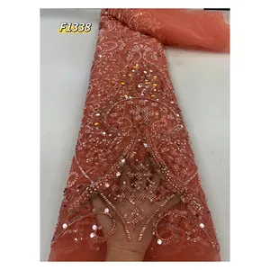Newest Exclusive Luxury African Handmade Beaded Lace With Sequins Embroidery Tulle Lace fabric high quality For Bridal wedding