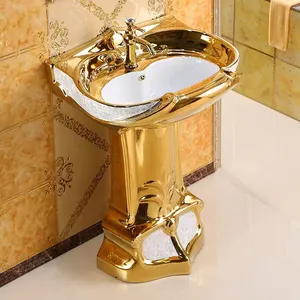 Articles sanitaires de luxe lavabo de couleur or lavabo de salle de bains en céramique plaqué or ovale lavabo de lavage complet piédestal lavabo en or de lavage à la main