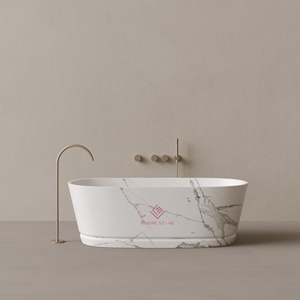 <span class=keywords><strong>Baignoire</strong></span> en pierre ovale blanche Calacatta fabriquée à la main avec détail linéaire sculpté pour salles de bain contemporaines et d'inspiration spa - Product Image 1