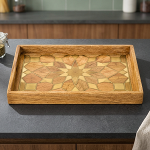 Aqdus Saleem Brown Bandeja de tocador rectangular de latón con incrustaciones geométricas Zellij, hecha a mano, estilo moderno de mediados de siglo, al por mayor - Product Image 2