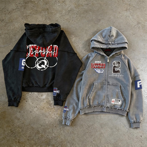 Sudadera con capucha oversize de algodón pesado con cremallera, estilo streetwear, con efecto desgastado, lavado ácido, doble capucha y bordado personalizado - Product Image 2