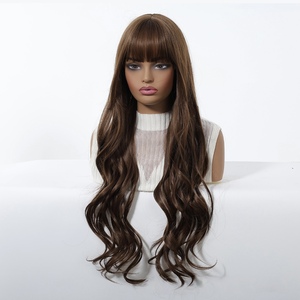 Parrucca Sintetica Lunga e Riccioluta Marrone Scuro con Frangia, Nuova Collezione Europa Stati Uniti, Onde Grandi, Realizzata a Macchina, per Donna - Product Image 3