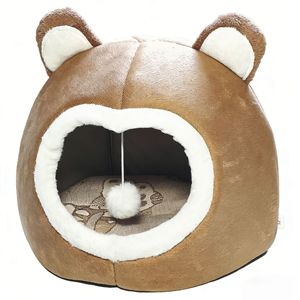 Cama Redonda para Gatos y Perros, Tipo Oso de Peluche, Rellena de Fibra de Poliéster, para las Cuatro Estaciones, Lavable a Mano, en Gris y Marrón Oscuro - Product Image 5