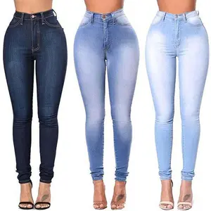 Vente en gros, jean élastique personnalisé pour femme, pantalon taille haute de couleur unie, pantalon crayon pour femme, jean skinny, pantalon en denim