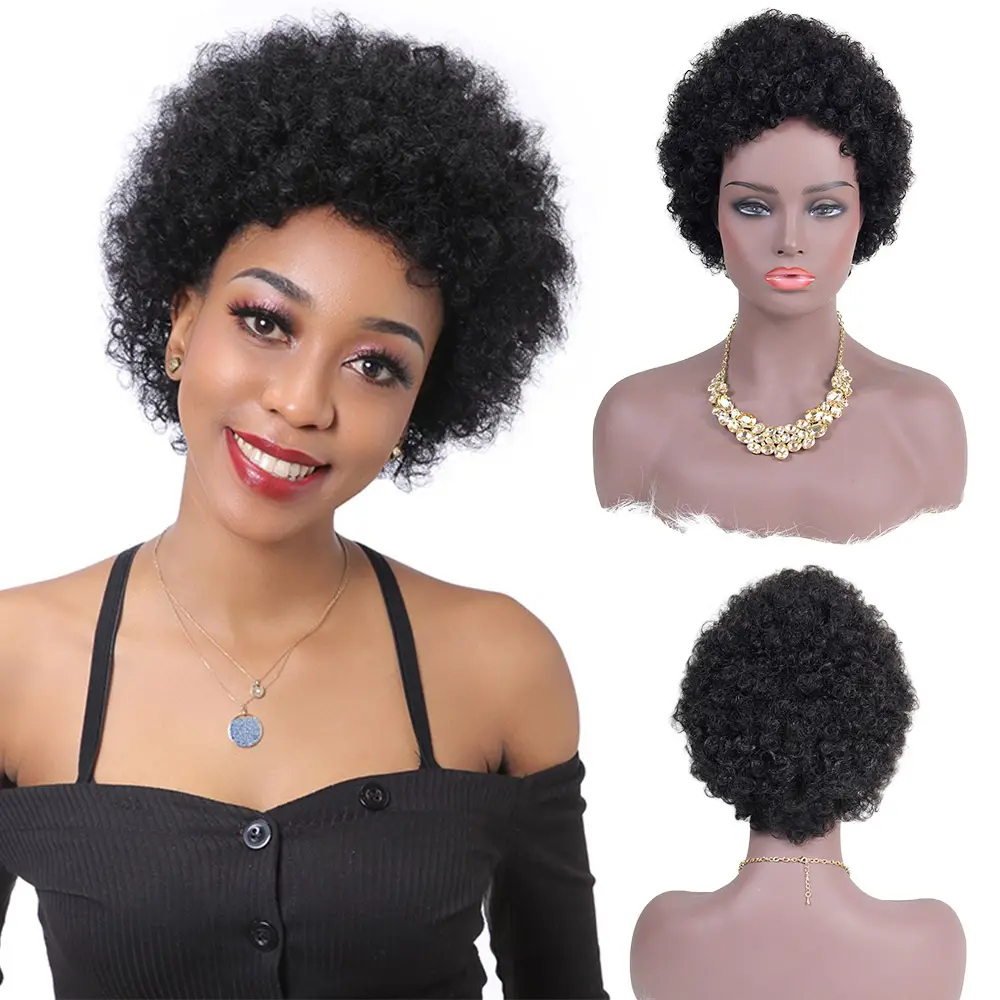 9 erhalten 1 für kostenlose kurze afro wellige lockige natürliche haarverlängerungs-perücken für schwarze frauen, native 100% großhandels-perücken echthaar