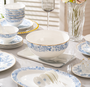 Classic Blue-and-White Ceramic Dinnerware <b>Set</b> Round Plates with Gold Rim Plant Pattern <b>Serving</b> <b>Dishes</b> for Wedding - Product Image 6