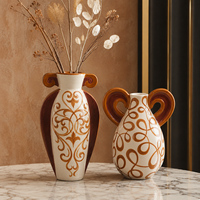 Vase en céramique blanc cassé à motif en spirale caramel, double poignée, vase décoratif pour fleurs, pour le salon, décoration de la maison