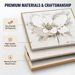 <span class=keywords><strong>Quadri</strong></span> su Tela 3D con Fiori Testurizzati, Dipinti Floreali Bianchi con Accenti Dorati, Decorazione Moderna Incorniciata - Product Image 2