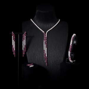 00109 Conjunto de Collar de Novia con Borlas Vimineas Elegantes y de Lujo para Mujer, con Rubíes y Circonitas, Conjuntos de Joyería de Boda, Accesorios para Novias - Product Image 1