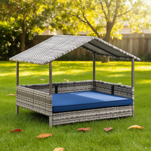 Lit pour animaux de compagnie en rotin bleu foncé résistant à l'eau avec coussin amovible, surélevé, pour usage intérieur et extérieur - Product Image 2