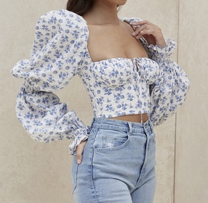 Sweet Blue Print <strong>Long</strong> Puff <strong>Sleeve</strong> Cropped Corset <strong>Top</strong> <strong>square</strong> <strong>Neck</strong> Ruched Drawstring Crop <strong>Top</strong> Woman Blouse - Product Image 4