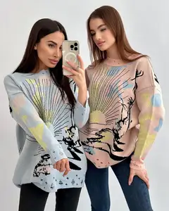 Winter benutzer definierte LOGO OEM Mode Tie-Dye Jacquard lose zerfetzte Design Langarm Pullover plus Größe gestrickt Damen pullover