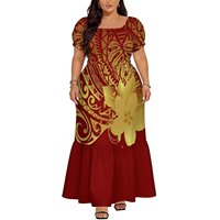 Robe longue pour femmes aux courbes généreuses, bleu marine, imprimé feuilles de palmier vintage, manches bouffantes, ourlet à volants, robe longue personnalisée pour les vacances et les fêtes