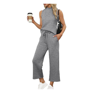 Trajes de verano de dos piezas para mujer, Tops con cuello simulado de patrón sólido con pantalones cortos de pierna ancha para viajes de vacaciones para conjuntos de salón - Product Image 6