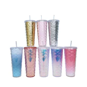 Wholesale Double Wall Insulated Acrylic Plastic Tumbler With Lid Fish Scale Design Cups And Mugs With Straws