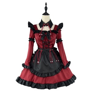 Claret Gothic Lolita Maid Dress With Ruffles And Apron For Anime Cosplay Costume Performance - Product Image 5