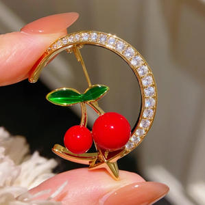 <strong>2026</strong> New Style Red Cherry Moon Shape Brooch Corsage Cute Female Temperament All-Match Fruit Suit Sweater Pin Plating <strong>Alloy</strong> - Product Image 3