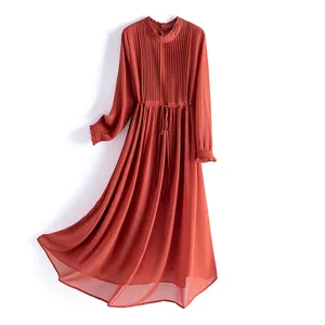 2024 yaz özel moda kadınlar zarif kırmızı romantik çok renkli tasarım kemer dekore uzun kollu rahat resmi elbise