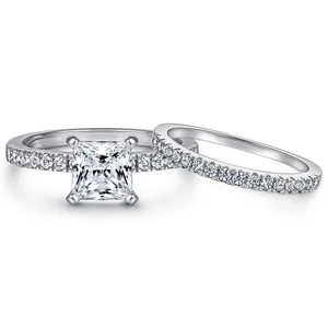 Ring Set Princess Cut 6*6mm White Gold Plated Pure Silver Jewellery Sparkling Promise Rings