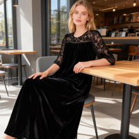 Nouvelle Robe Longue Ample en Velours Respirant et Écologique avec Dentelle, Taille Naturelle, Grande Taille pour Femme, Collection 2026