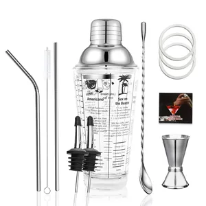 Customizable Rotate Logo Stainless Steel Cocktail Bar Set 400ml Recipe Glass Shaker With Acrylic Frame Stand