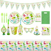 Vaisselle jetable à thème dinosaure de couleur verte, assiettes en papier de 7 pouces et 9 pouces, serviettes, nappes pour décorations de fête d'anniversaire de garçon