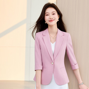 Women's Black Blazer Solid Color 3/4 Sleeve Professional Office Wear - Product Image 2