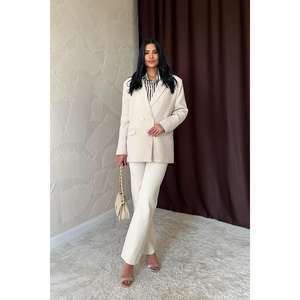 Blazer beige para mujer, tela de lana, estilo antiarrugas, manga larga, para oficina. - Product Image 4