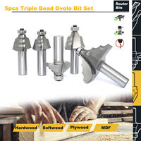 Set Mata Bor Router 5 pcs 1/2 inci Shank Tripe Bead Ovolo dengan Bearing untuk Pemotongan Tepi, Alat Pertukangan Kayu